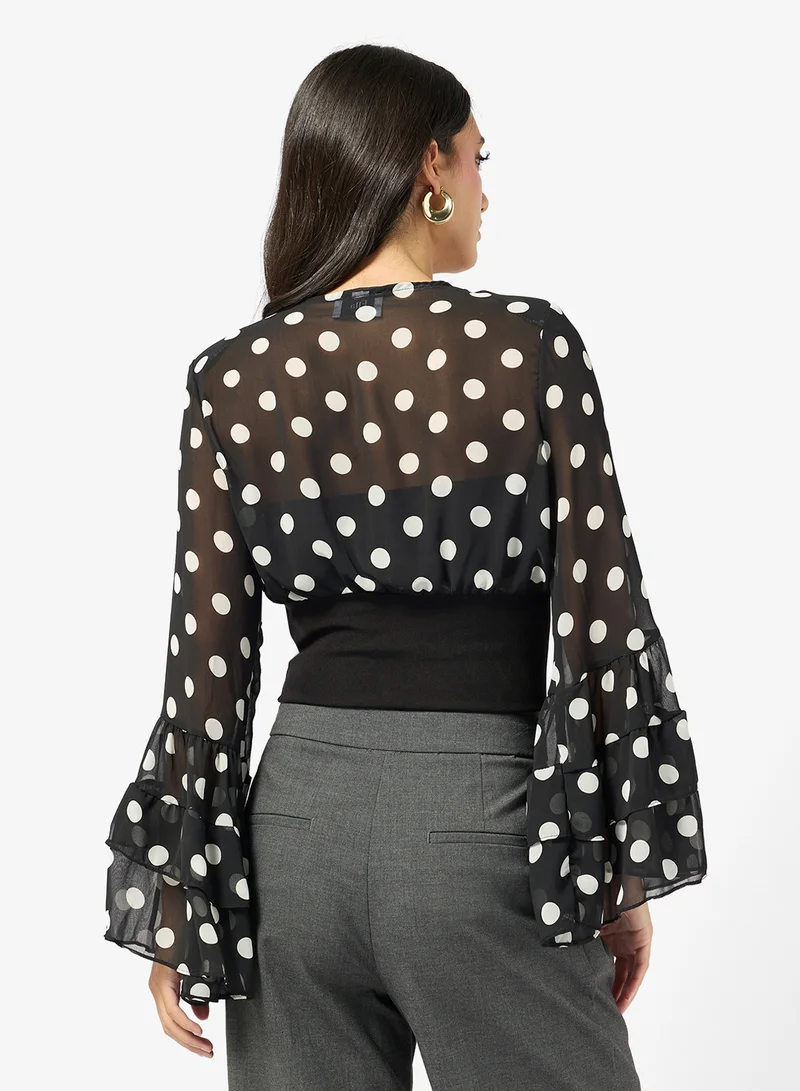 ELLA Polka Print Top With Flare Sleeves
